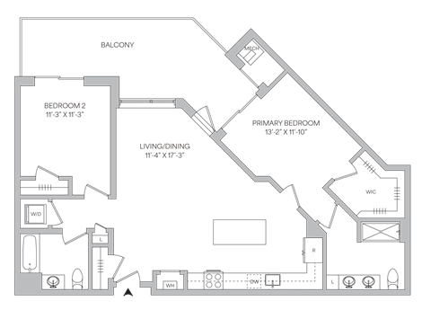 Floorplan of a 1,160 square foot 2 bedroom 2 bath apartment with a balcony